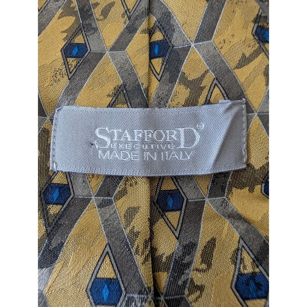 Stafford Executive Mens Tie Made in Italy Silk Geometric Gold Grey Blue 4 Inch